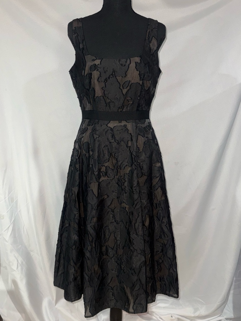 BCBGMaxAzria Black Textured Floral Midi Dress with Square Neck